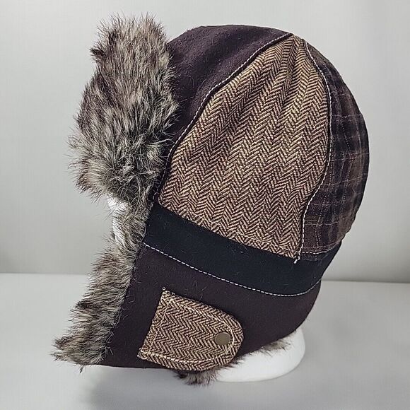 Earth Ragz Trapper Hat Brown Patchwork Faux Fur Ear Flaps Hunting Aviator Winter - Picture 5 of 12